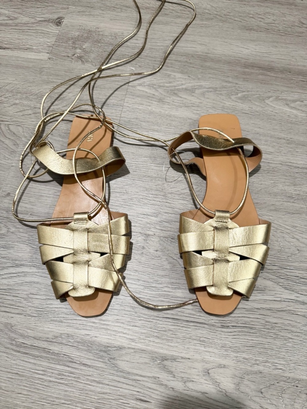 Zara Gladiator Women’s Gold Leather Lace-Up Flat Sandals